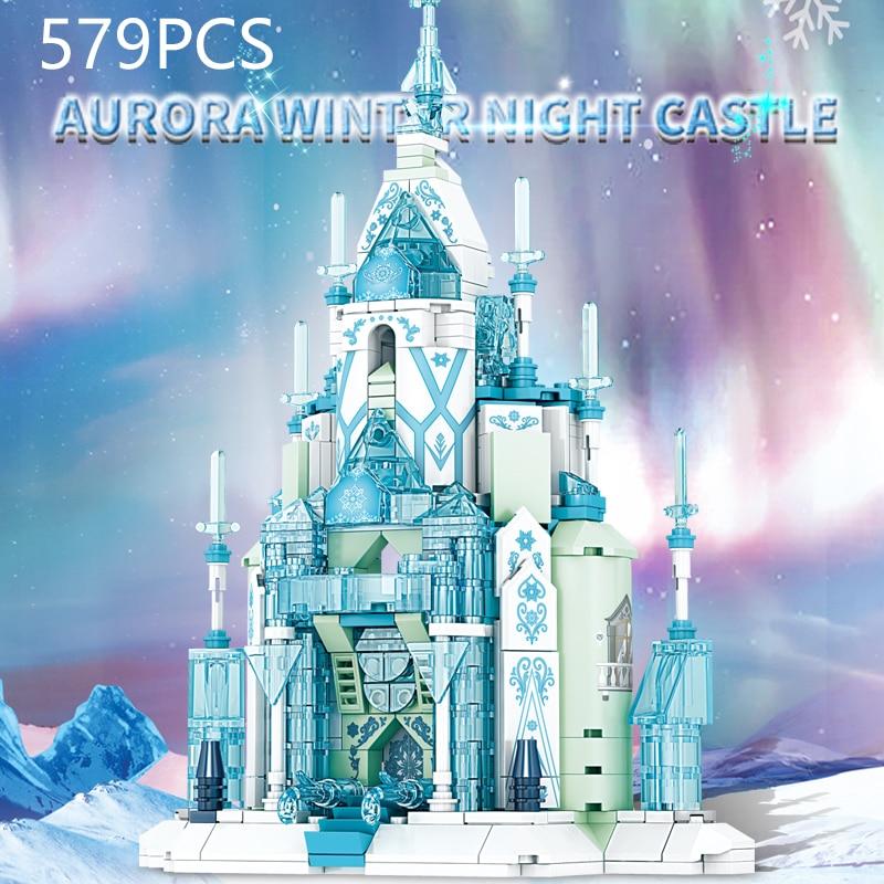 579 STÜCKE Aurora Winternacht Schloss Stadt Streetview Serie Fantasieschloss Bau Modellziegel Kinder DIY Zusammenbauen Spielzeug Geschenk