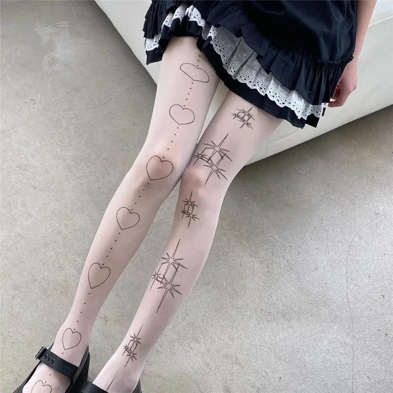 Japanische Kawaii Lolita Strumpfhose Stern Herz Druck Tattoo Oberschenkelhohe Strümpfe Strumpfhose Damen Süße Mädchen Weiße Strumpfhose Damen 40-65kg gray