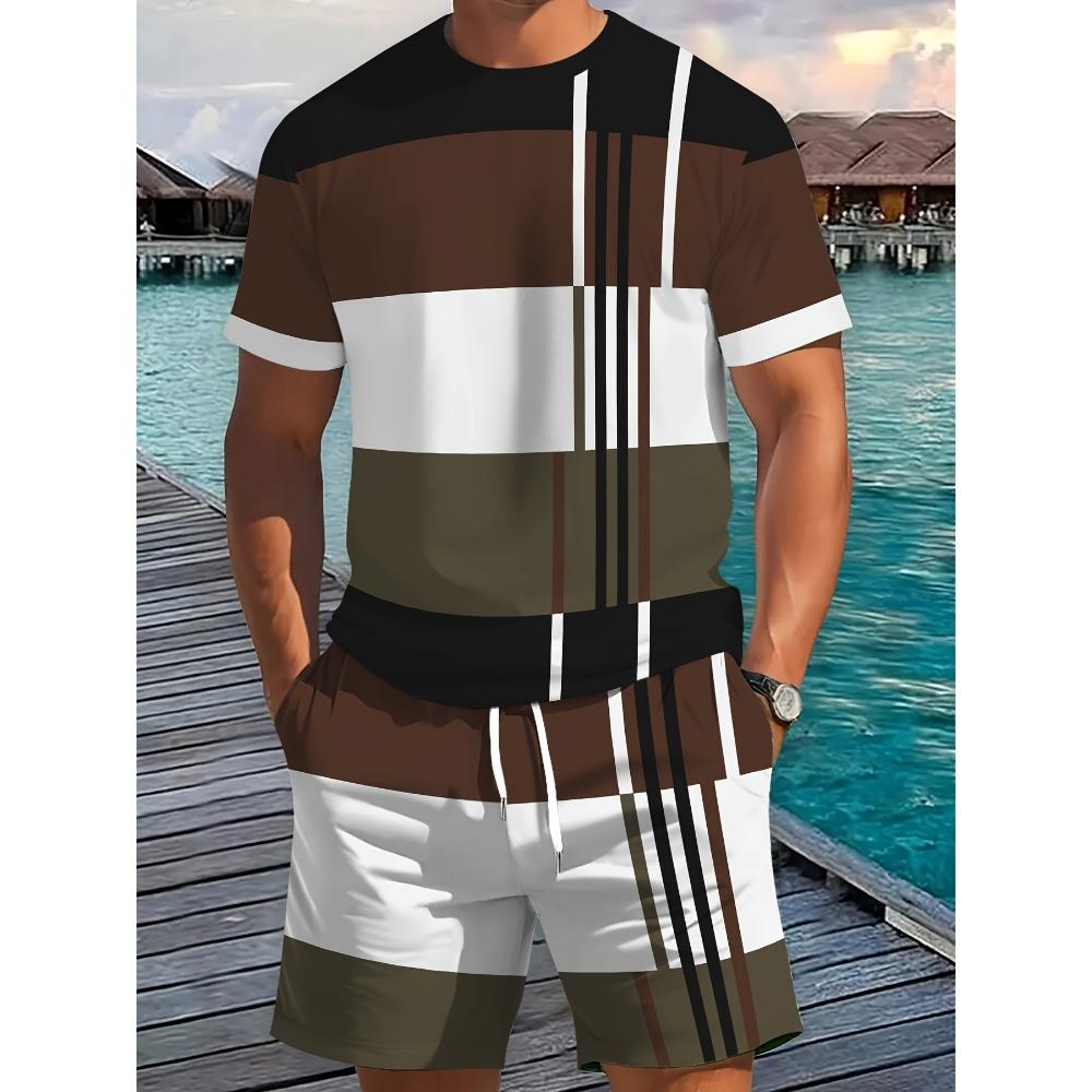 Sommer 2026 Ankunft Herren Lässiges zweiteiliges Set Gestreifter Print Kurzarmhemd und Sportshorts Set 5XL