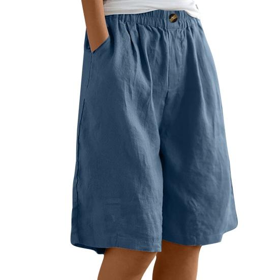 Bermuda-Shorts für Damen Knielang High Waist Baggy Shorts mit Taschen Elastischer Bund Sommer Baumwolle Leinen Strandurlaub Shorts L blau