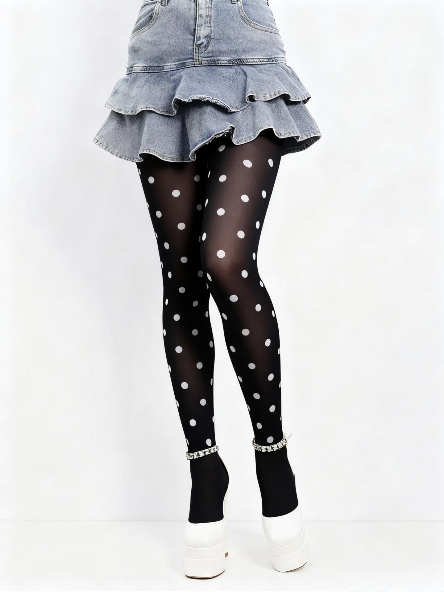 Vintage Schwarz Gepunktet Weiß Strumpfhose Damen Durchsichtig Hoher Bund Strumpfhose Y2K Mädchen Sexy Schlankmachend Seidige Leggings Elastische Strumpfhose One Size black