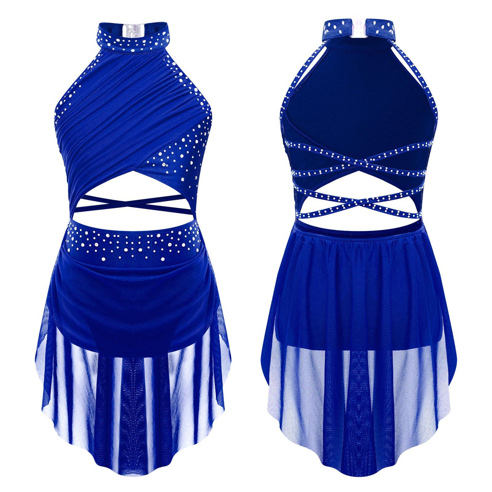 Kinder Mädchen Lyrical Dance Performance Kostüm Glitzerndes Strass Cutout Riemchen Rückenfreies Trikot Kleid Transparente Netzauflage Rollkragen Kleider 11-12 Years