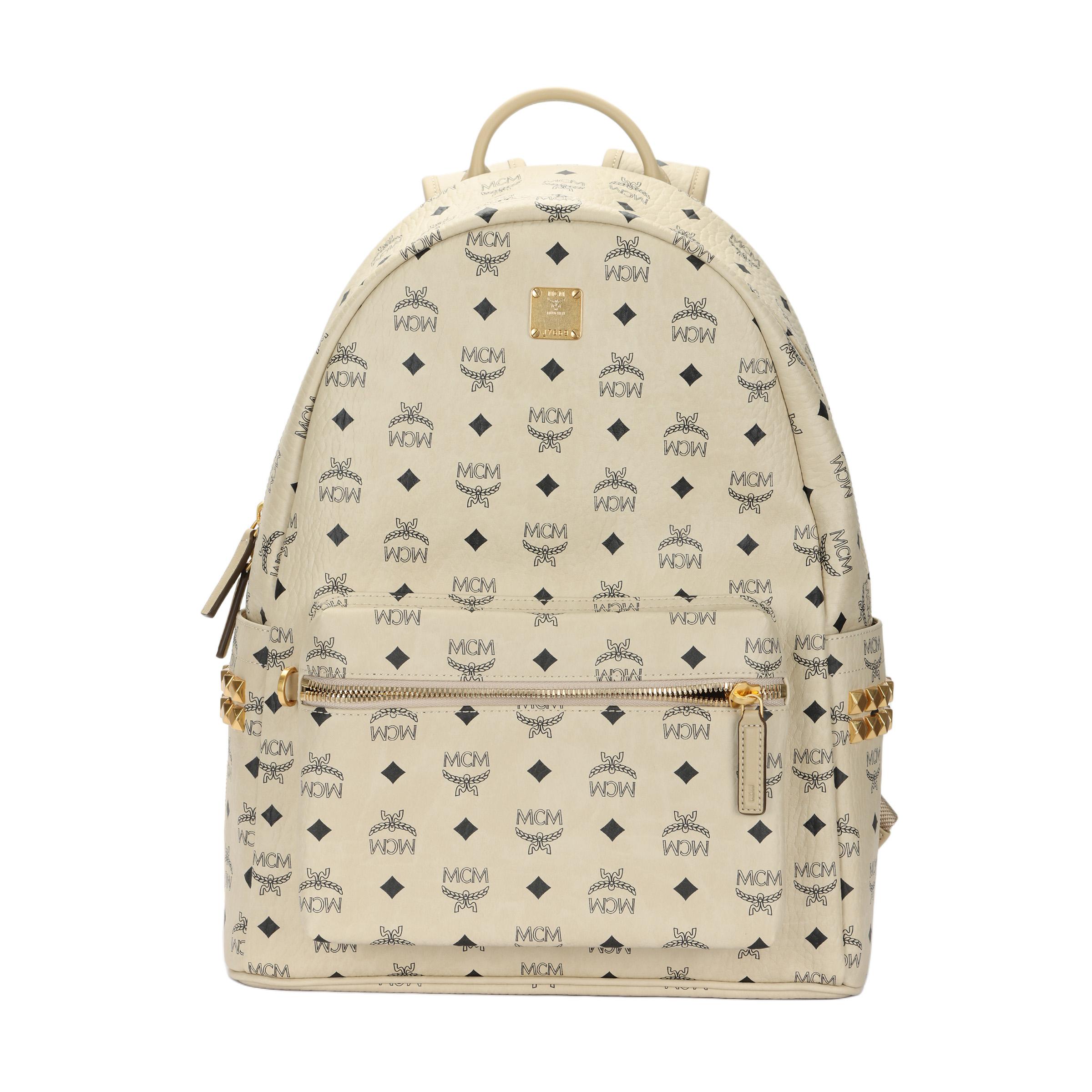 MCM Stark Nieten Seitennieten Flach Logo Beschichtetes Canvas Rucksack Unisex Rucksack Beige MMKAAVE09I8001 Basic Set (Bag+Dust Bag)