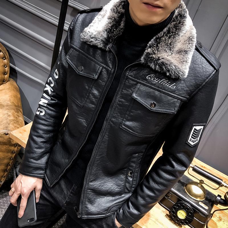 Neue Lederjacke Herren Pu-Lederjacke Lokomotive Revers Herren verdickte Lederjacke Koreanische Version Slim Fit XXXXL schwarz