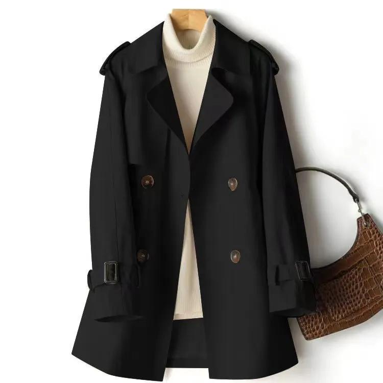Damen Herbst Zweireihiger Lässiger Lockerer Damen Windbreaker Trenchcoat Oberbekleidung Mantel Damen XS schwarz