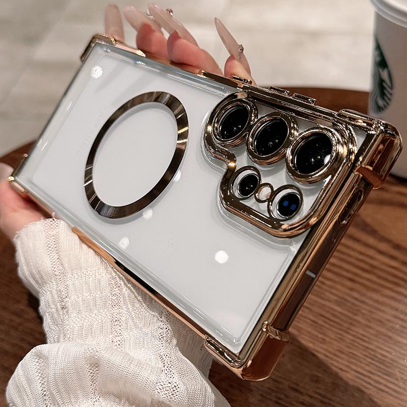 Für Magsafe Klare Weiche TPU Stoßfeste Hülle Für Samsung Galaxy S25 Edge S24 Ultra S23 FE S22 + Plus Magnetische Linsenfolie Galvanisierte Silikonhülle Galaxy S25 Edge gold