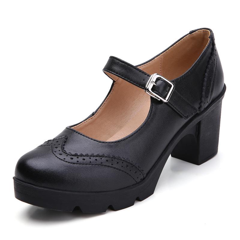 Neue Frauen Echtes Leder Schnalle Mary Janes Plattform Schuhe Frau Pumps High Heels Kleid Schuhe Retro Damen Hochzeit Schuhe 39 schwarz