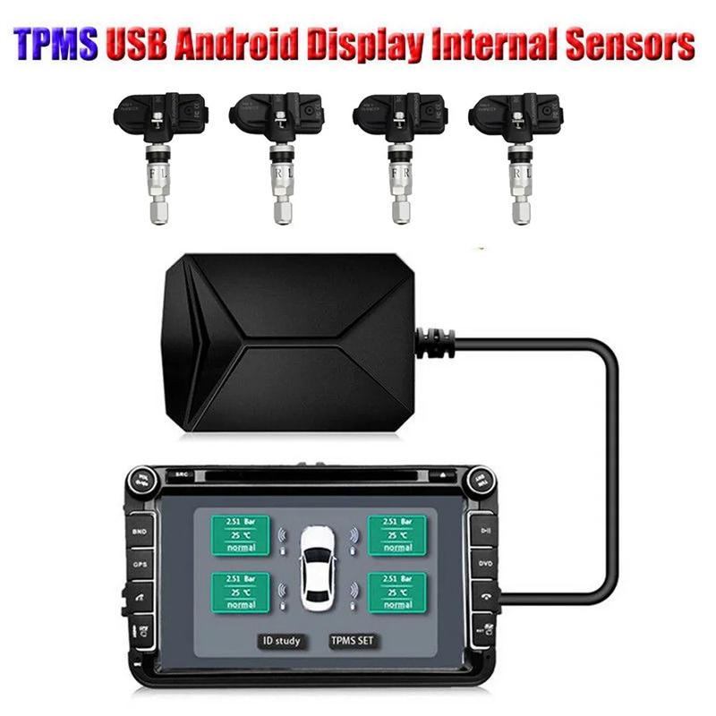 Usb Android Tpms Reifendruck Überwachung System Display Alarm System Interne Externe 4 Sensoren Für Auto Navigation Radio black