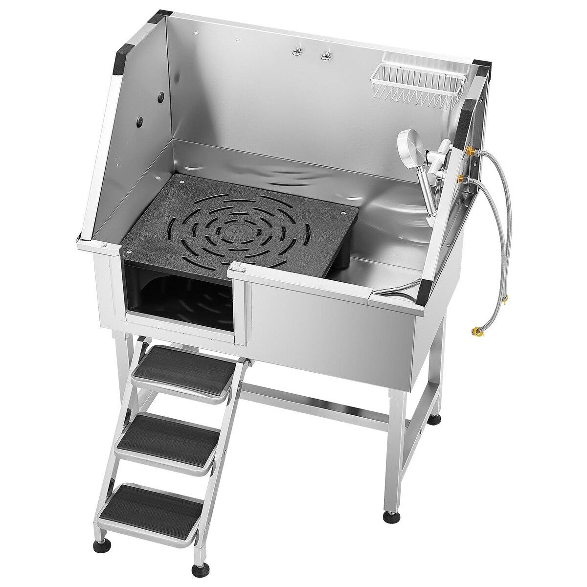 96,5 cm Hundepflege-Badebadewanne Edelstahl mit Treppe Armatur Linke Tür