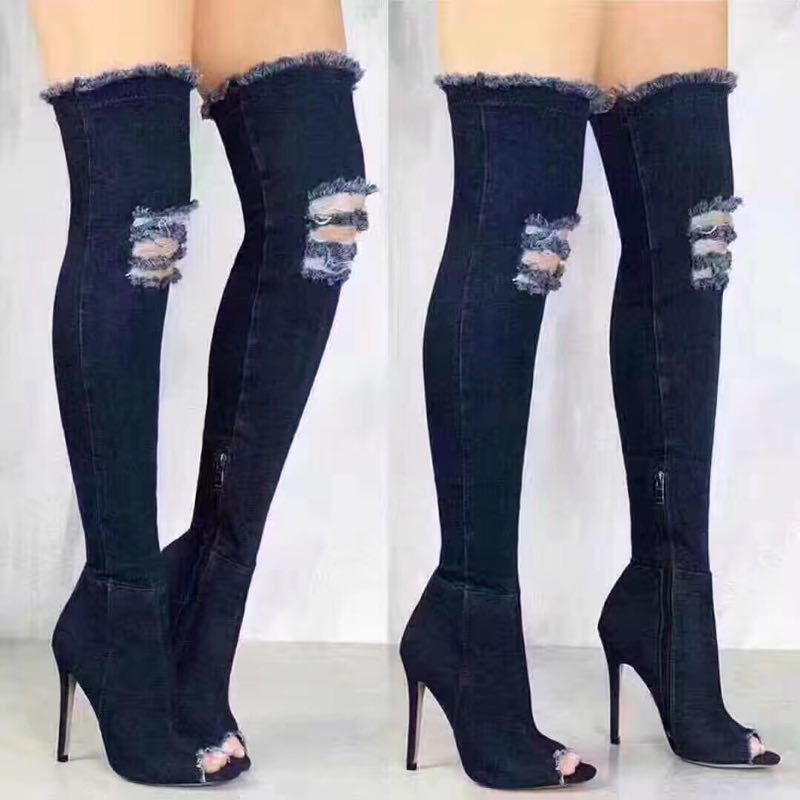 Stiefel Damenmode Sexy Denim Lange Stiefel Straße Overknee Fischmaul Retro Stiletto Heels 37 dunkelblaue