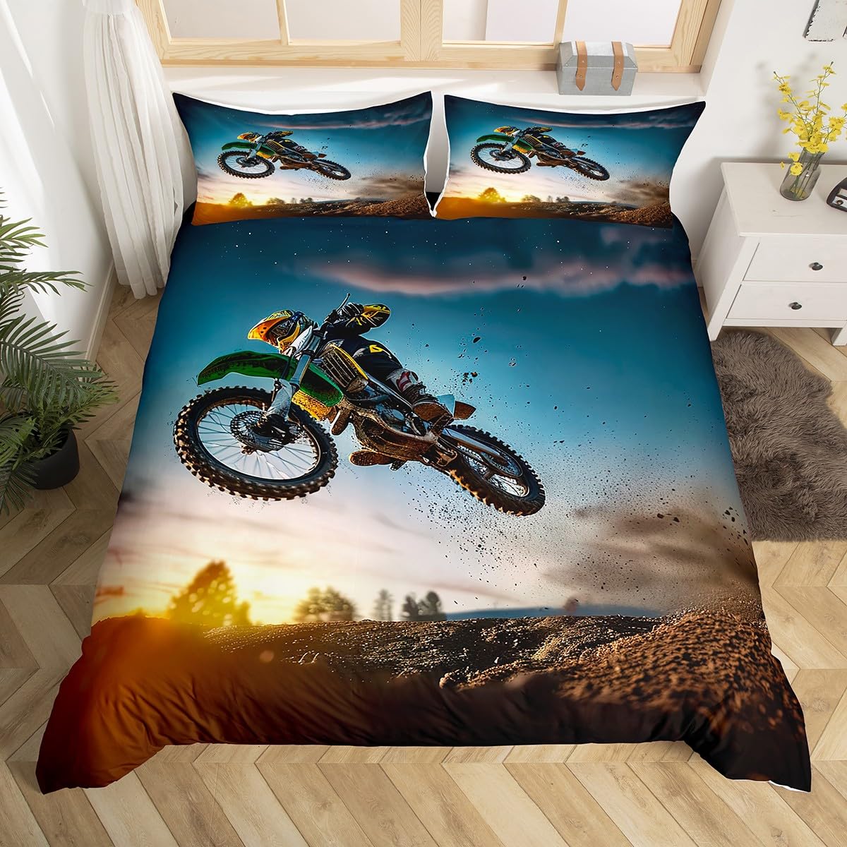 Dirtbike-Bettbezug, Twin, Motocross-Fahrer-Bettbezug, Extremsport-Bettwäscheset, cooles Motorrad-Bettwäscheset für Jungen und Erwachsene US Queen(228x228cm)