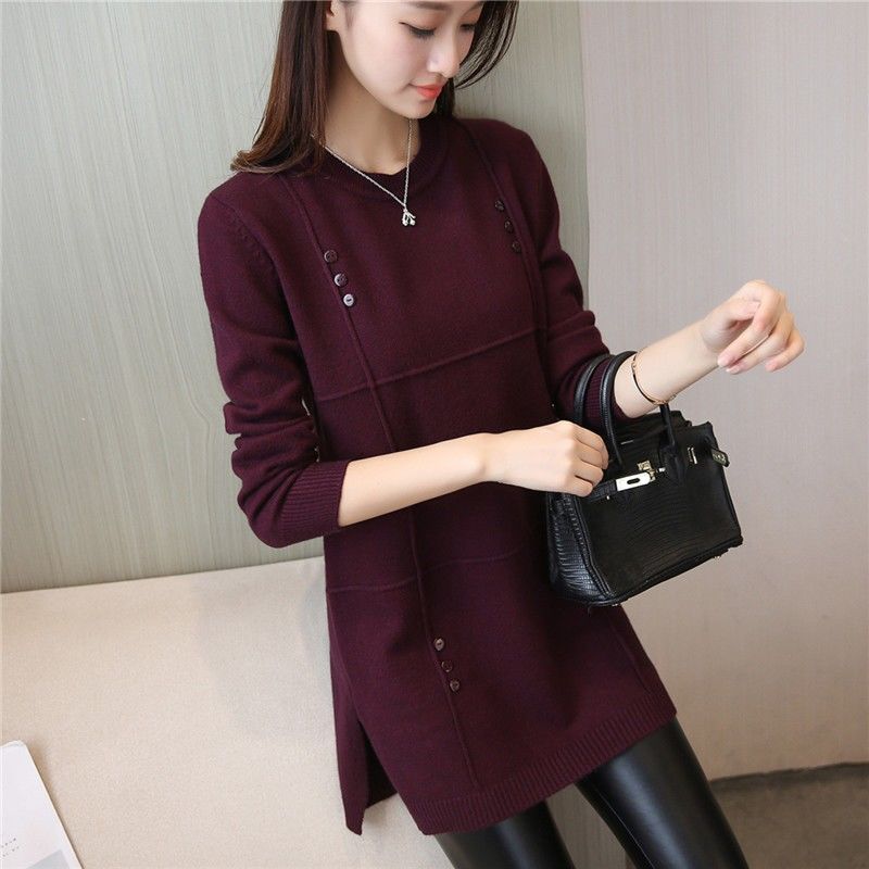 Herbst Winter Frauen Pullover Solide Pullover Strickwaren Pullover Oansatz Lange-ärmel Mittel-länge Pullover Weibliche Kleidung XL wein rot