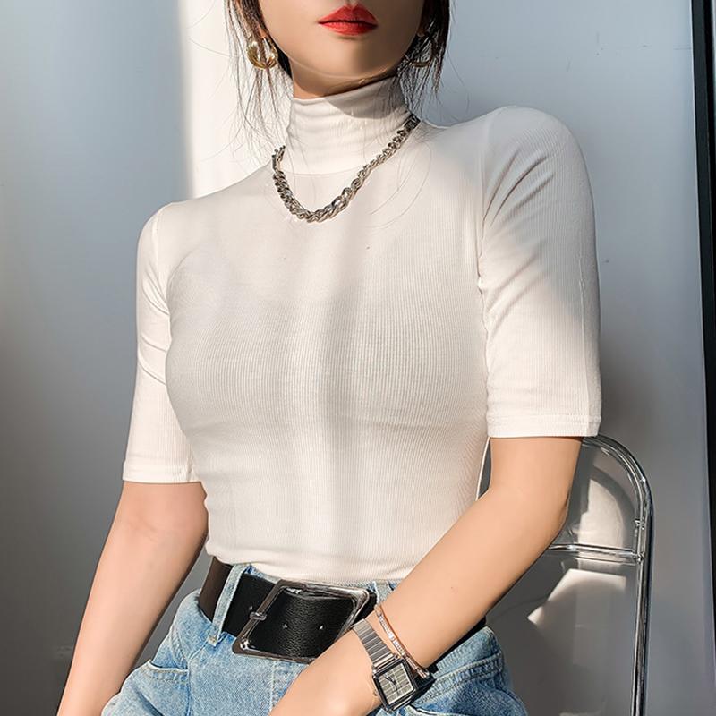 Baumwoll-T-Shirts für Damen, Rollkragen, kurzärmelig, lässig, elastisch, schmale T-Shirts XL weiß