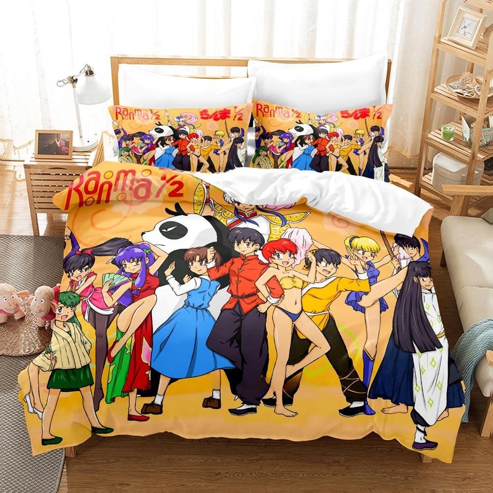 Ranma 1/2 Bettwäsche-Set, Einzelbett, Doppelbett, Queensize-Bett, Kingsize-Bett, Bettbezug-Set für Erwachsene und Kinder, Schlafzimmer, 3D-Druck, Anime-Bettlaken-Set EU Twin 135x200cm