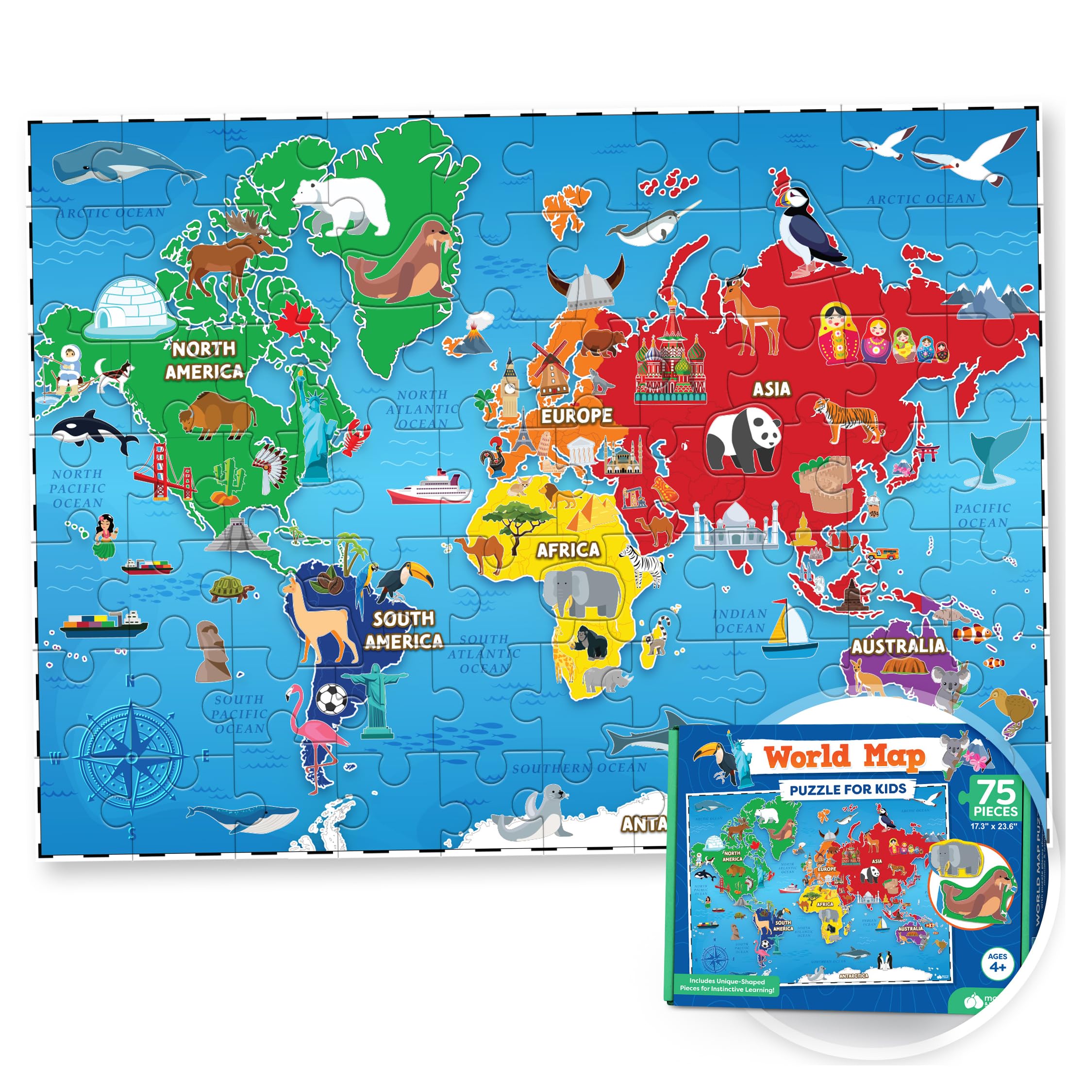 Weltkarten-Puzzle für Kinder - 75 Teile - Weltpuzzle mit Kontinenten - Puzzle Geografie-Puzzle für Kinder Alter 4-8, 5, 6, 7, 8-10 - Globus Atlas P red