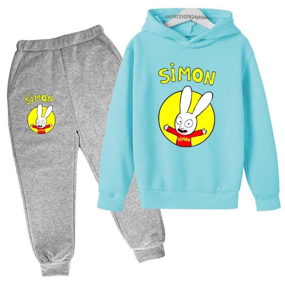 Cartoon-Hase Simon Aufdruck 2-teiliges Set Hoodie+Hose Kinder Frühling Herbst Freizeit Trainingsanzüge 2-10 Jahre Jungen Mädchen Streetwear Kleidung Sets 100 white