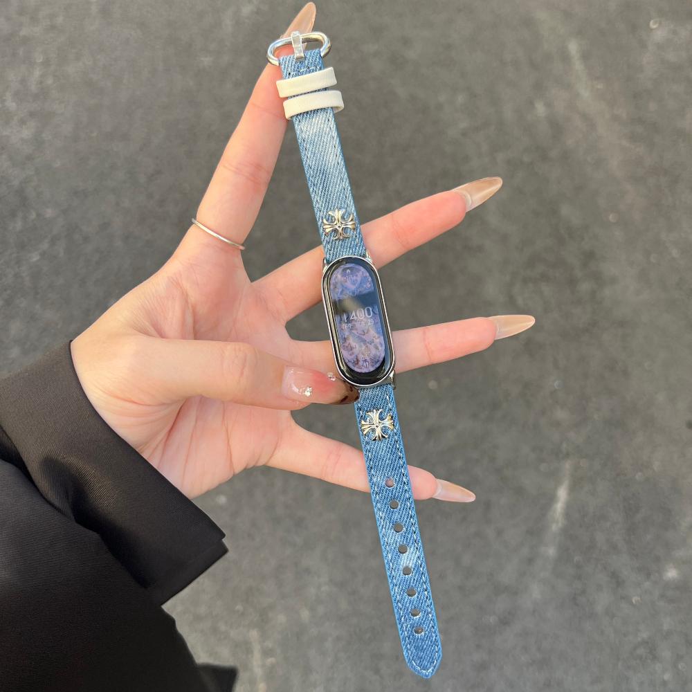 Für Xiaomi Smart Band 10 Mode Damen Canvas+Leder Cowboy Cross-dye Denim Uhrenarmband Kompatibel für Xiaomi Mi Band 10/9/8 Xiaomi Smart Band 10 blau