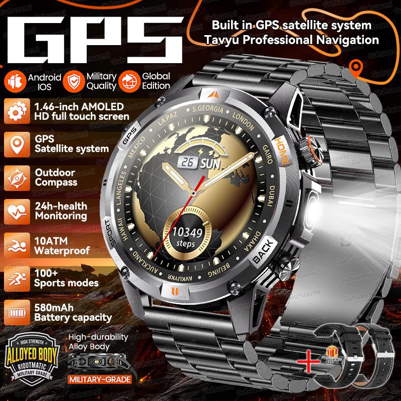 2026 Neue Outdoor-GPS-Sport-Smartwatch für Erwachsene mit Höhenmesser, Barometer, 10 ATM Wasserdichtigkeit, 580 mAh Akku, Bluetooth-Anruf, für Männer, AMOLED Smartwatch Black Steel 2A
