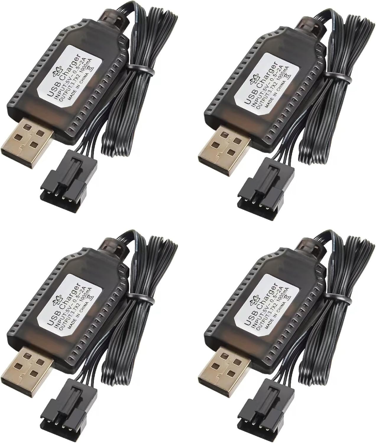 4 Stück Universelles USB-Ladegerät für 7,4V 2S LiPo-Akku mit 4PIN SM-4P – Kompatibel mit RC-Auto Drohne Boot – Überladeschutz schwarz