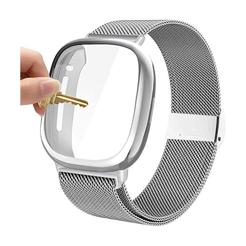 Mailänder Armband für Fitbit Versa 4 3 2 Lite Band mit TPU-Hülle Displayschutz Bumper für Metallarmband für fitbit Sense2 Uhr fitbit versa 2 silber