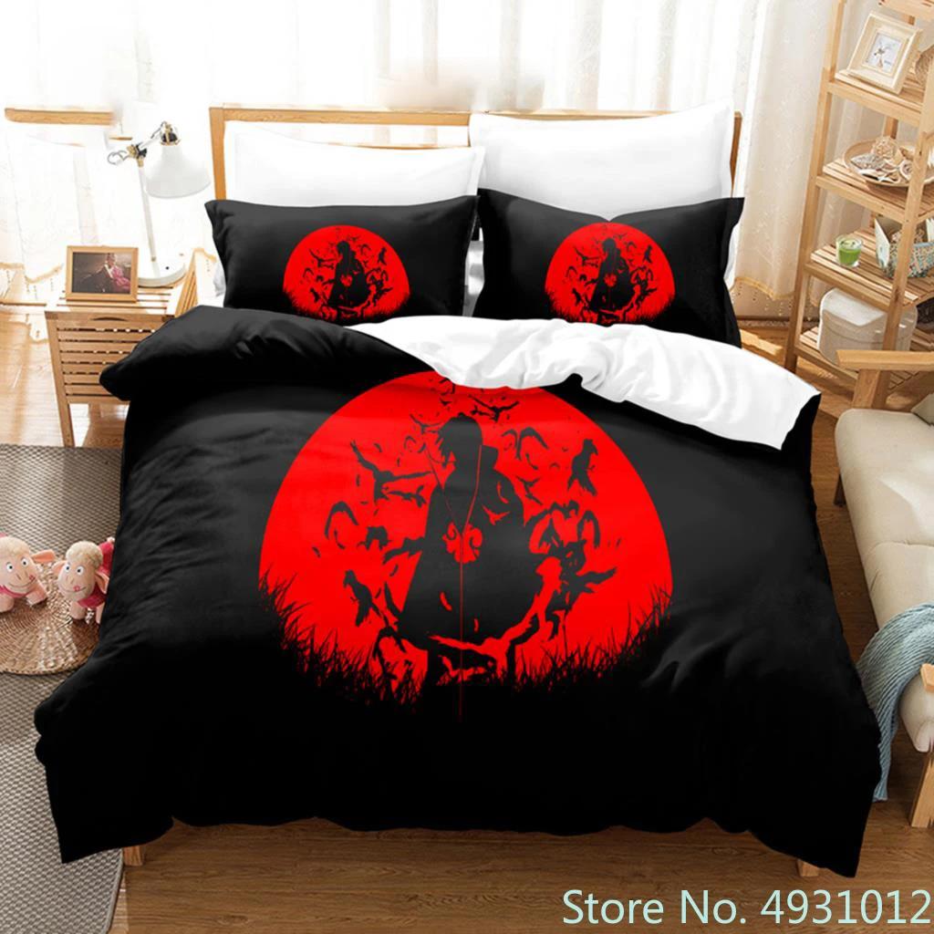 Anime Uchiha N-Naruto Uzumaki Rote Wolke Bettwäsche-Sets Haushaltsdecke Bettbezug Itachi Heimtextilien Bettanzug Kinder Kinder Geschenk 150*200cm 3pcs