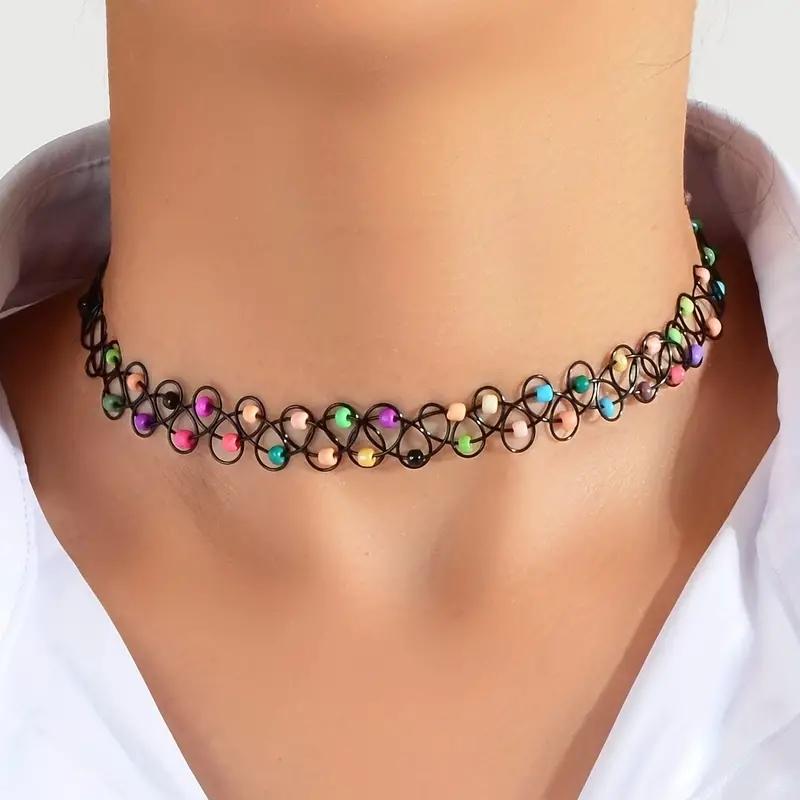 Bunte Reisperlen Elastisches Tattoo Choker Halskette Persönlichkeit Halskette Schmuck Halskette brown