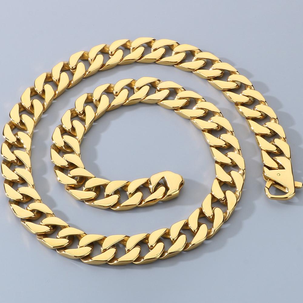 Halskette für Herren, 50/60 cm, 316L Edelstahl, 15 mm Breite, Panzerkette, kubanische Gliederketten am Hals, Schmuck für Herren, Halsketten-Zubehör 50CM gold