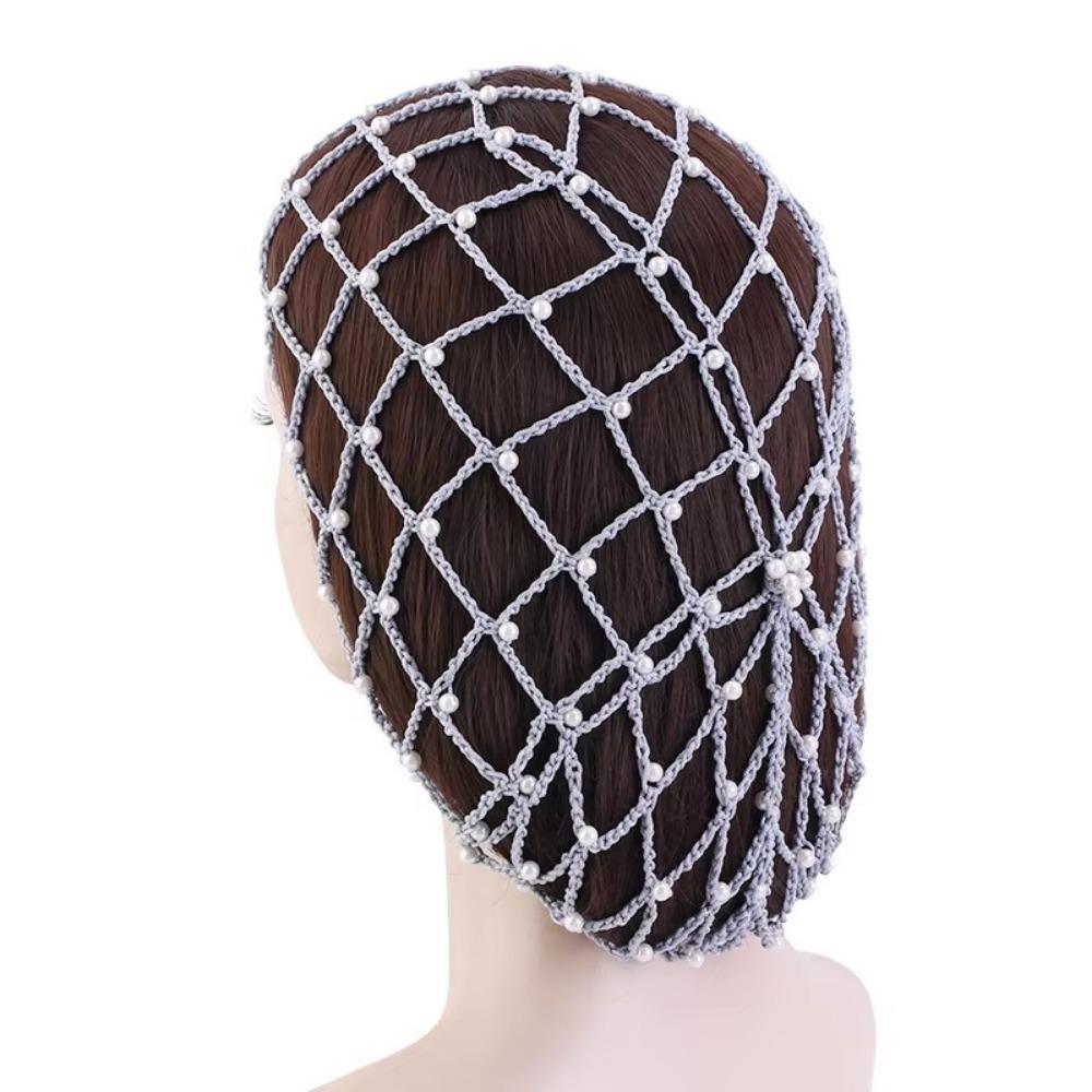 Einfarbiger Netz-Snood Haarnetz Perlen Perlen Übergroße Strickmütze Haaraccessoires grau