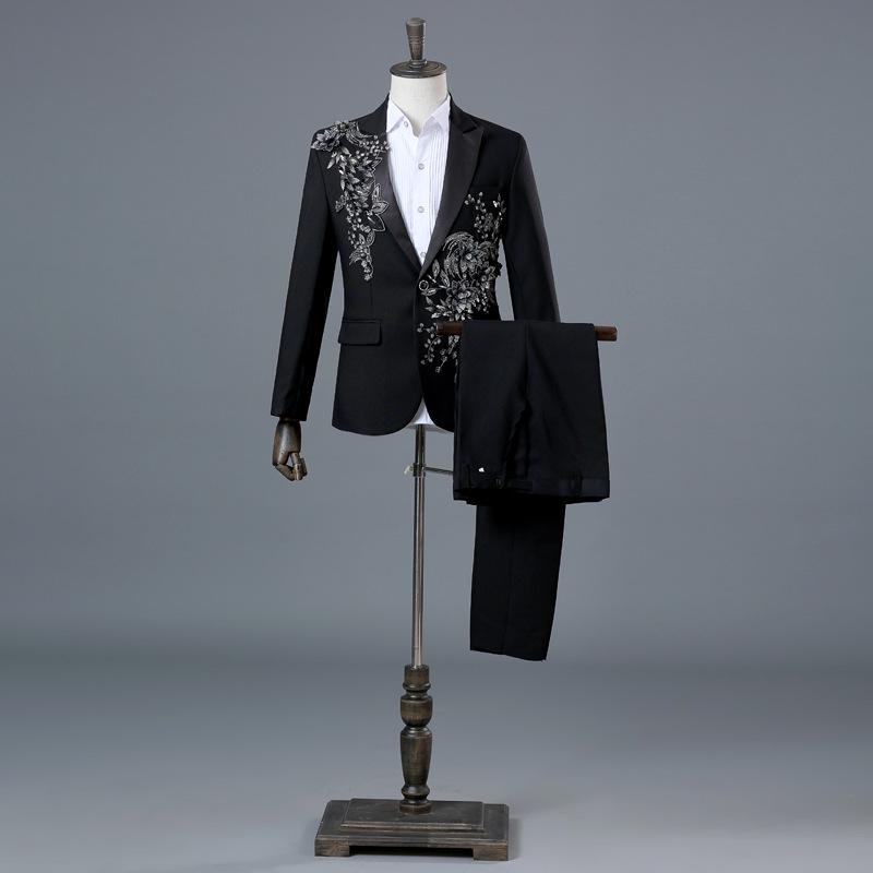 Eleganter, mit Applikationen verzierter Herrenanzug im Slim Fit, 2-teiliger formeller Smoking, Blazer, Hose mit Fliege für den Hochzeitsball XXXL schwarz