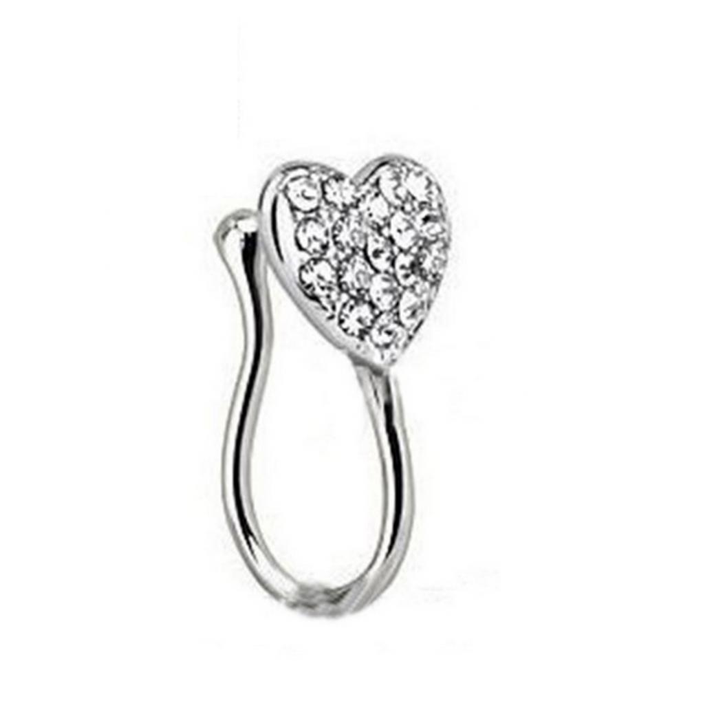 Damenmode Glitzer Herz Fake Nicht Piercing Clip-on Nasenring Ohrstecker silber