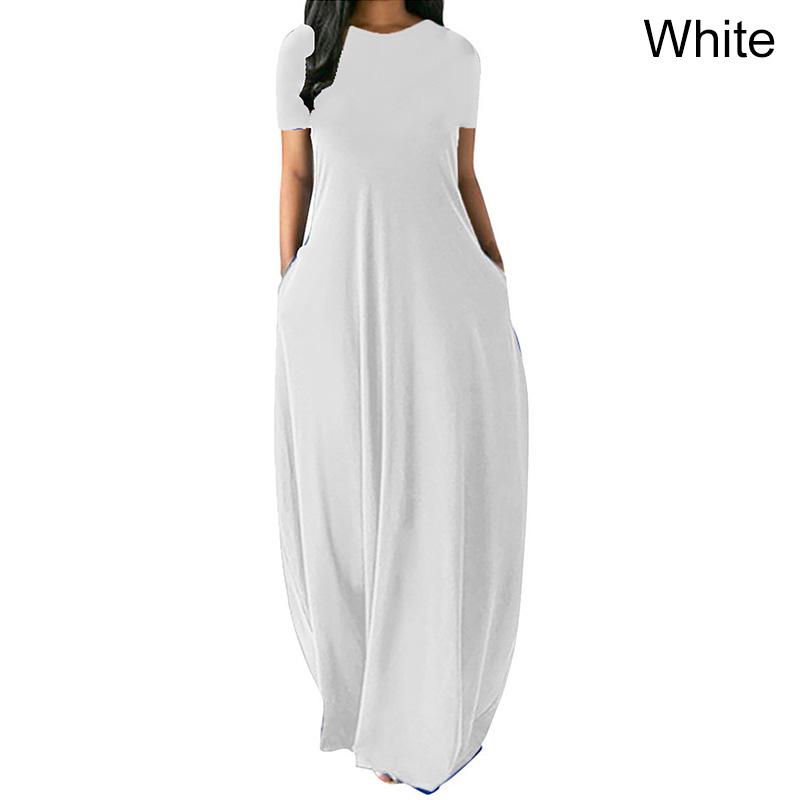Frauen Casual Lose O-ansatz Lange Kleider Kurzarm Sommer Strand Kleid Elegante Abend Party Kleid S weiß