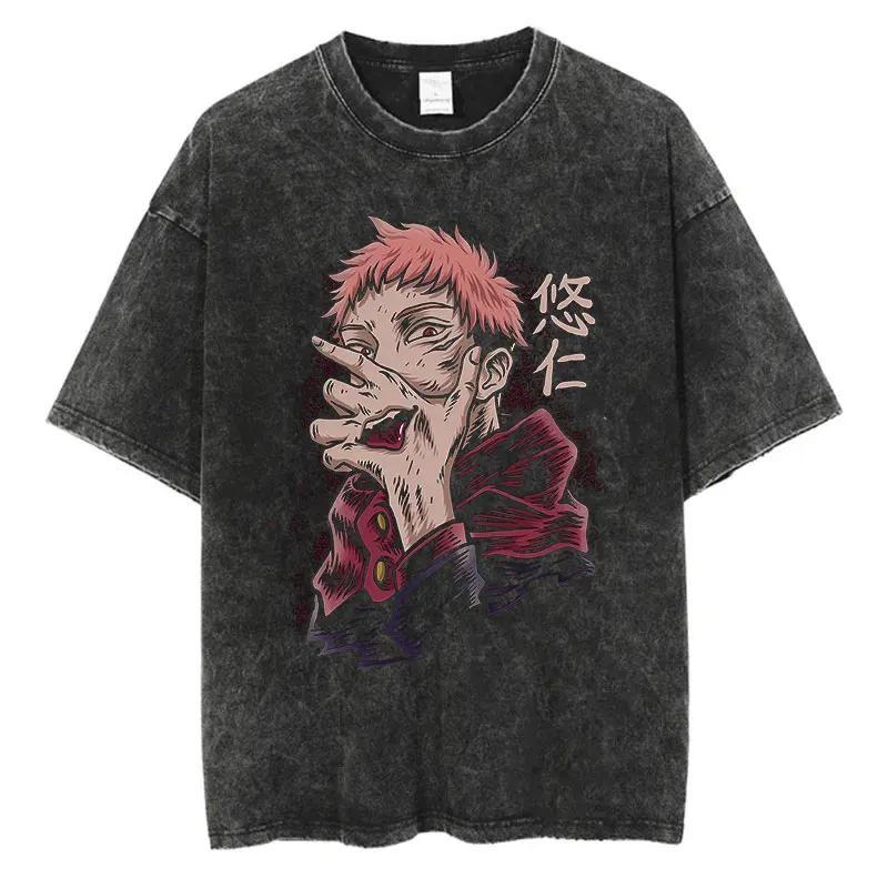 Anime Jujutsu Kaisen Gojo Satoru T-Shirts Gewaschen Herren Damen Baumwoll-T-Shirts Ryomen Sukuna Retro für Herren Damen Oberteile T-Shirts L