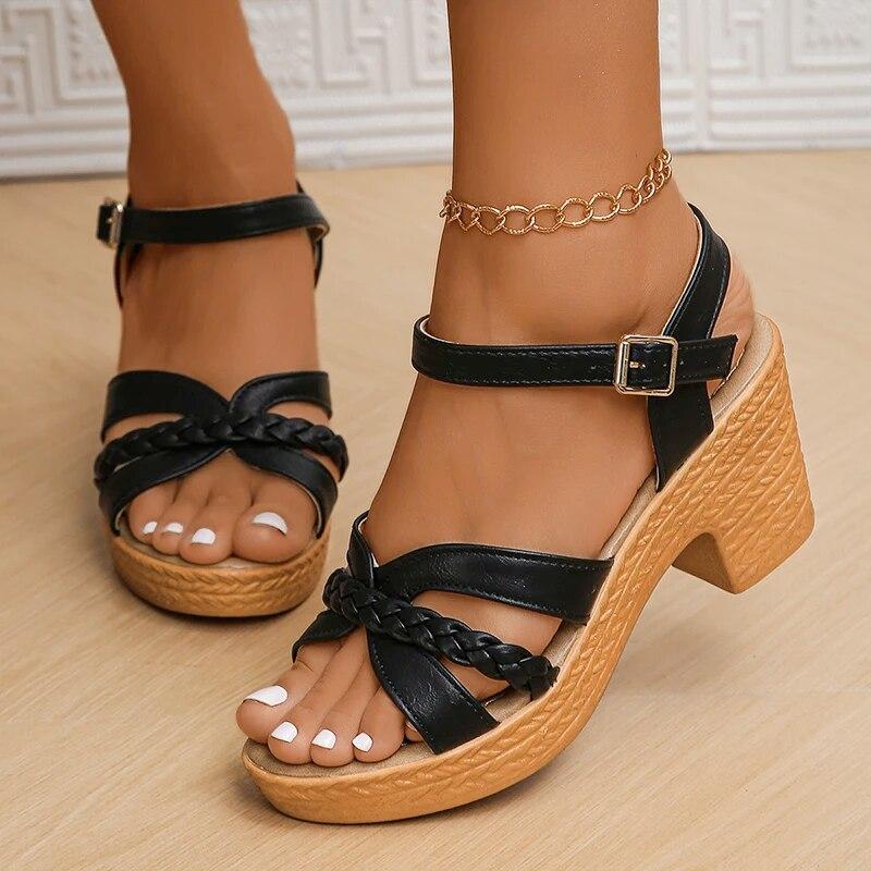 Leichte Hochhackige Sandalen für Frauen 2024 Sommer Knöchel Schnalle Weibliche Gladiator Sandale Gewebte Plattform Sandalen Frau 40 schwarz