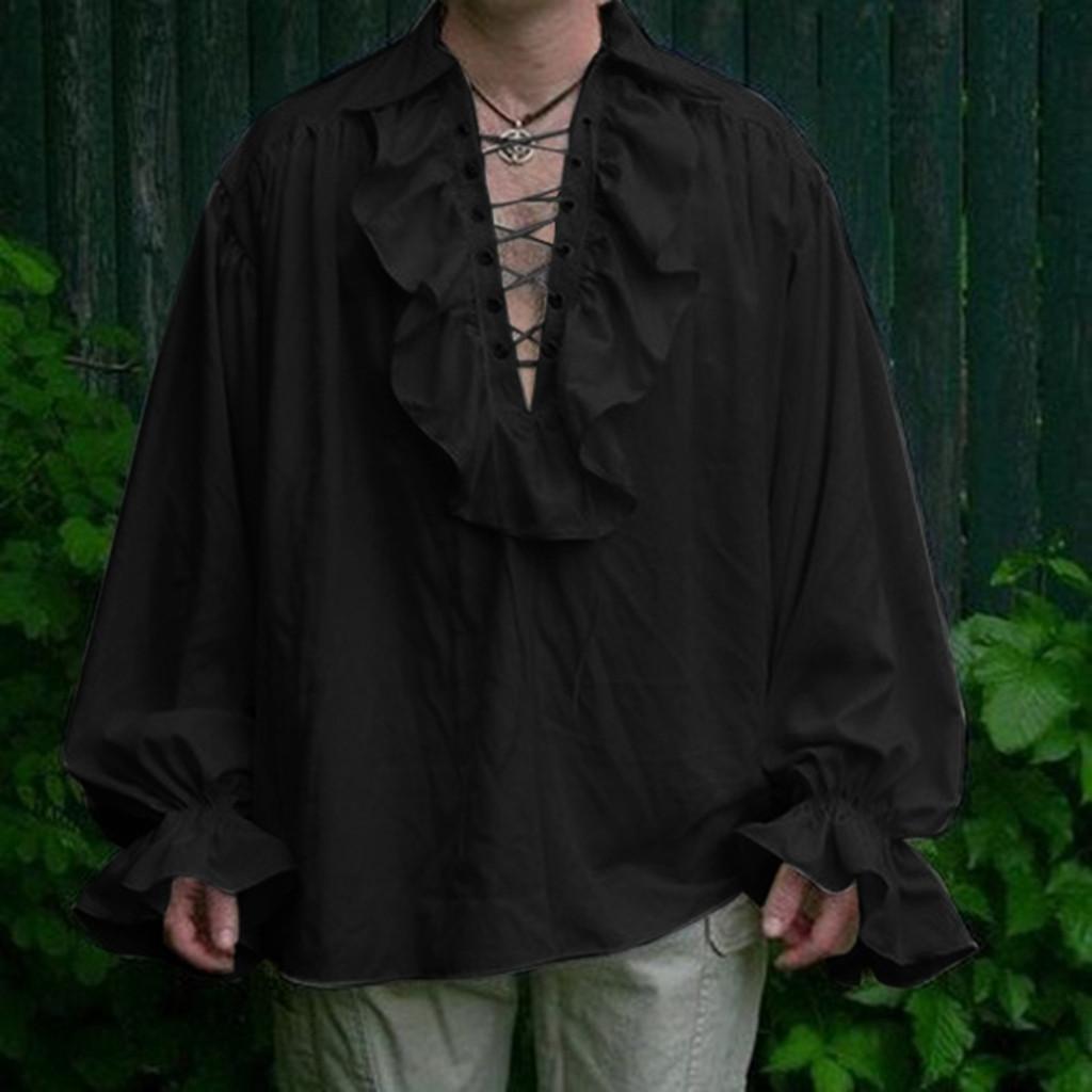 Herren Retro Hemd Revers plissiertes bauschärmeliges Hemd XXL