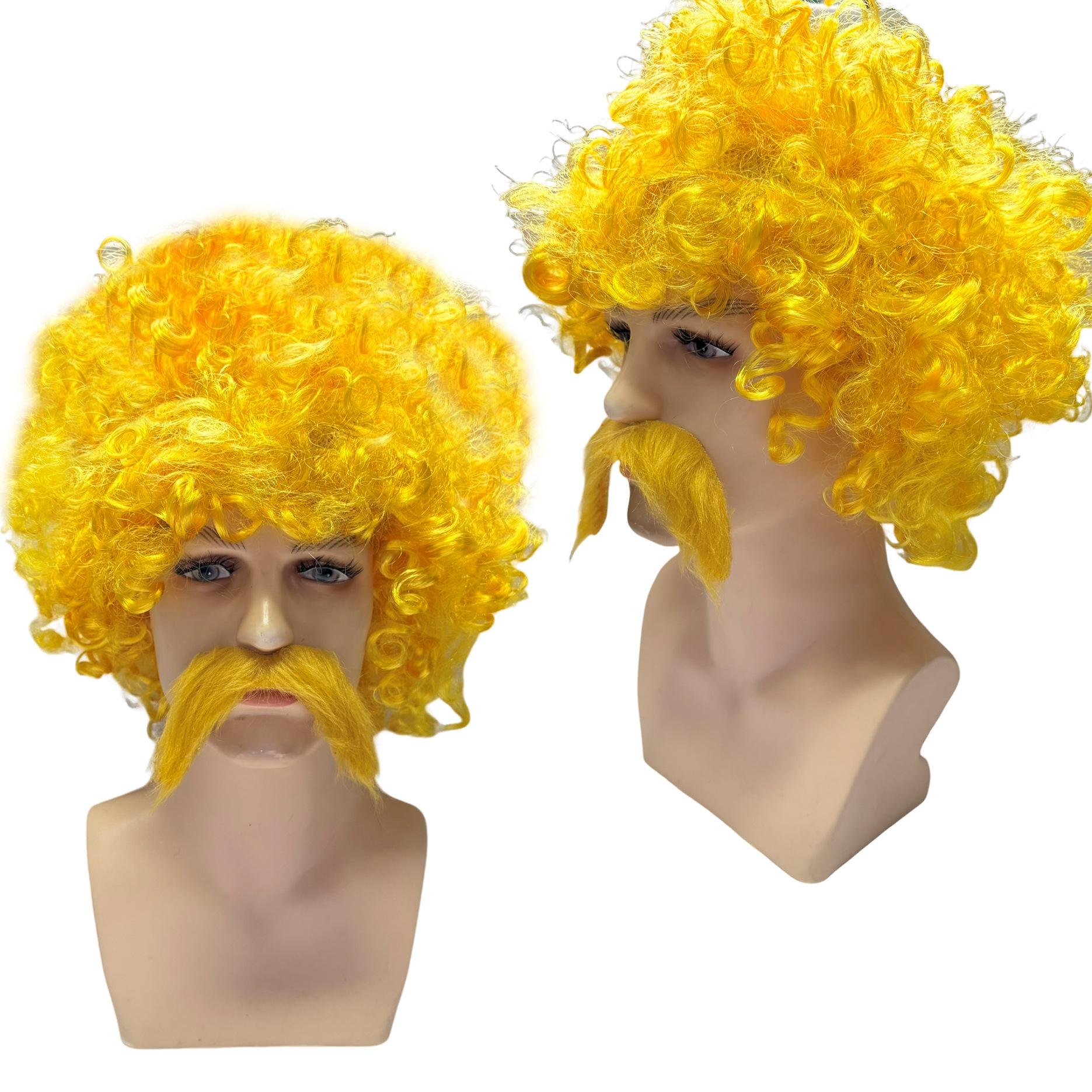 Goldene Afro-Perücke, Fußball-Fan-Perücke, mit Bart One size fits all adults gold