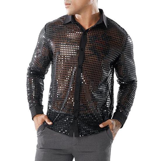 Männer Hemd Club Party Disco Hemd Glänzend Glänzend Slim Fit Pailletten Revers Einreiher Lange Ärmel Vinatge 70er Jahre Männer Performance Hemd M schwarz