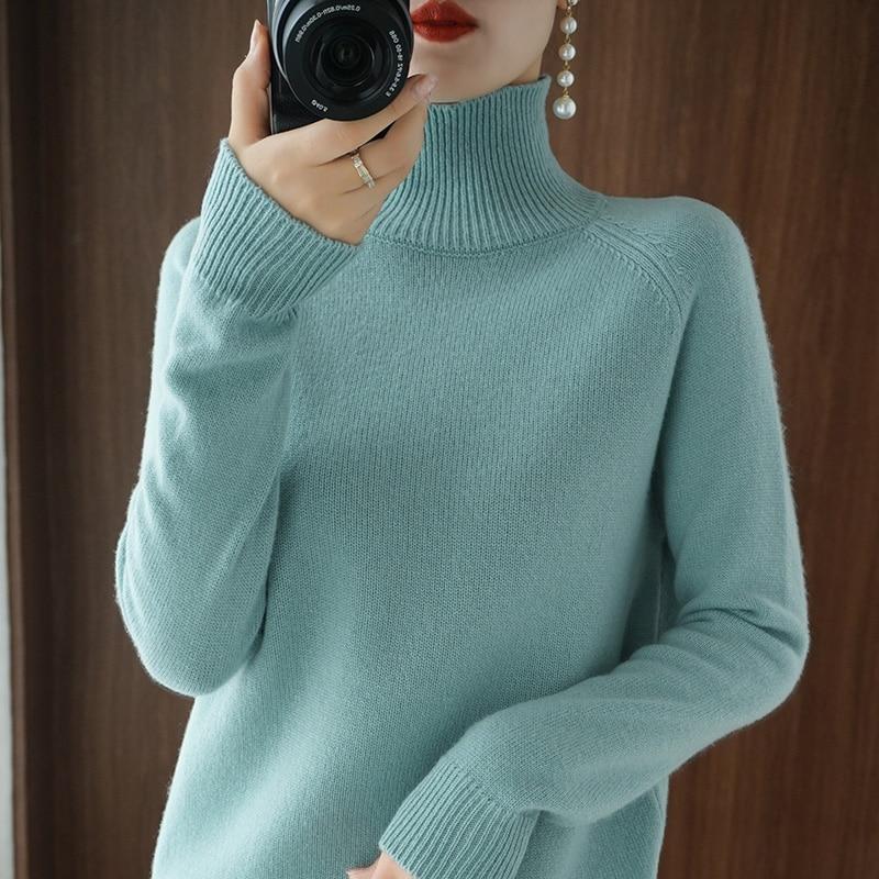 Rollkragen Kaschmir Pullover Frauen Winter Kaschmir Pullover Stricken Weibliche Lange Hülse Dicke Lose Pullover XXL grün