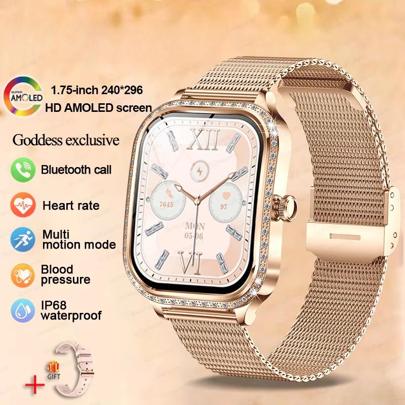 2025 Neue Mode Smart 1,75  HD Display Uhr Damen AMOLED Gebogener Bildschirm IP68 Wasserdicht Gesundheit Anruf Smartwatch Apple Watch Damen für Damen Geschenk Mesh Belt gold