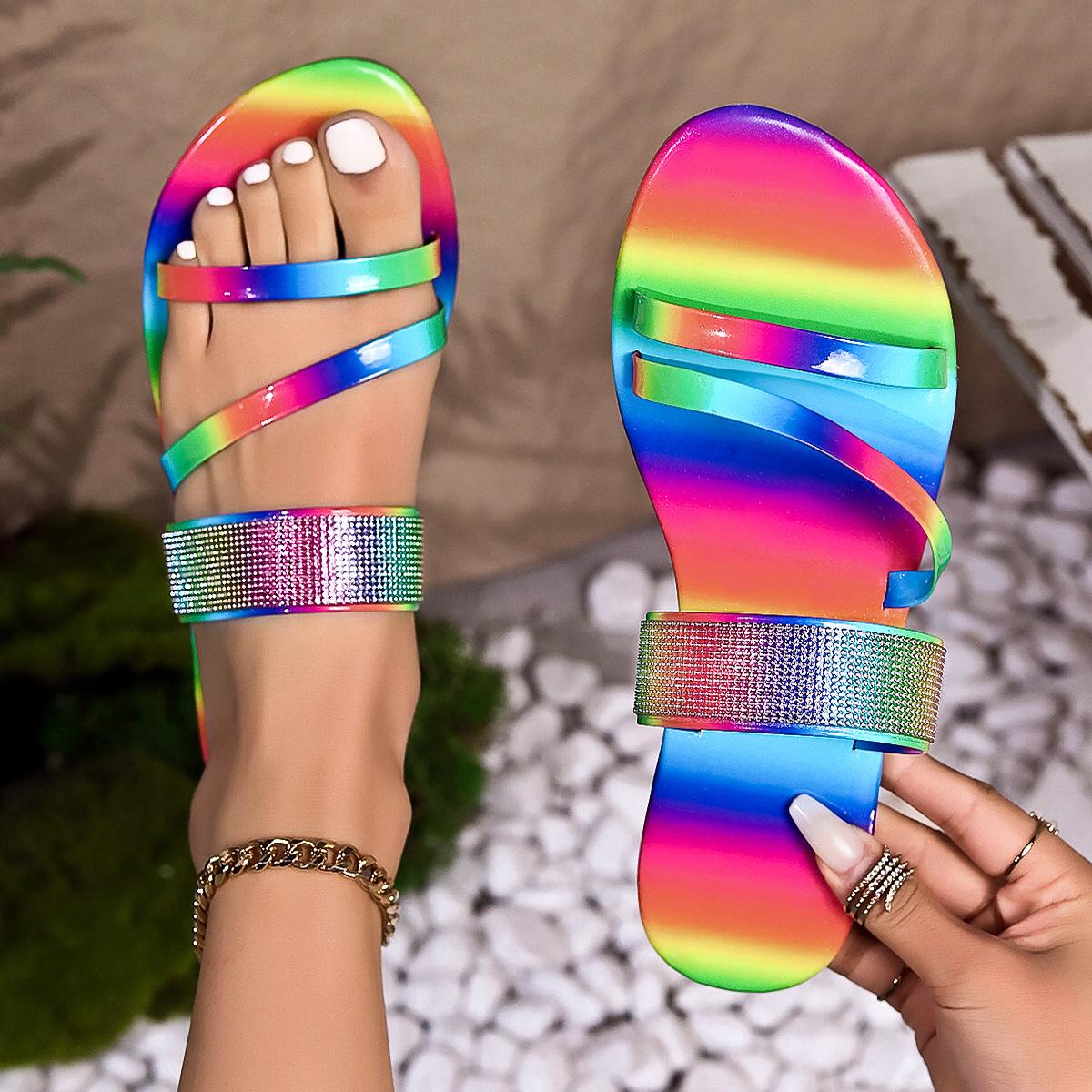 Sommer Neue Stil Römischen Strass Flache Outdoor Strass Hausschuhe Große Größe Hausschuhe Einfarbig Frauen Flache Strand Hausschuhe 36