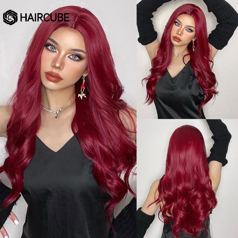 HAIRCUBE Weiße Platin-Mischbraun-Synthetik-Perücken, lange gewellte Naturhaar-Perücken für Frauen, mittlerer Teil, tägliche hitzebeständige Perücken LC6144-1