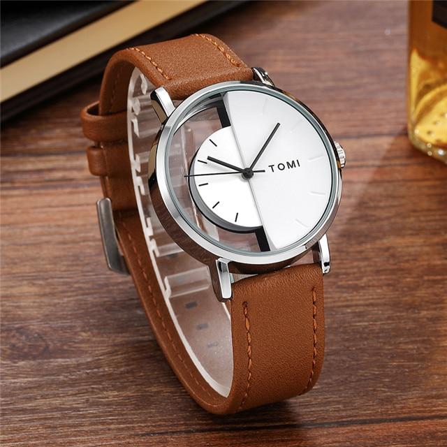 Einzigartige Uhr, kreative halbtransparente Unisex-Uhr für Männer, Frauen, Paare, Geek, stilvolle Leder-Armbanduhr, modische Quarzuhr weiß/braun