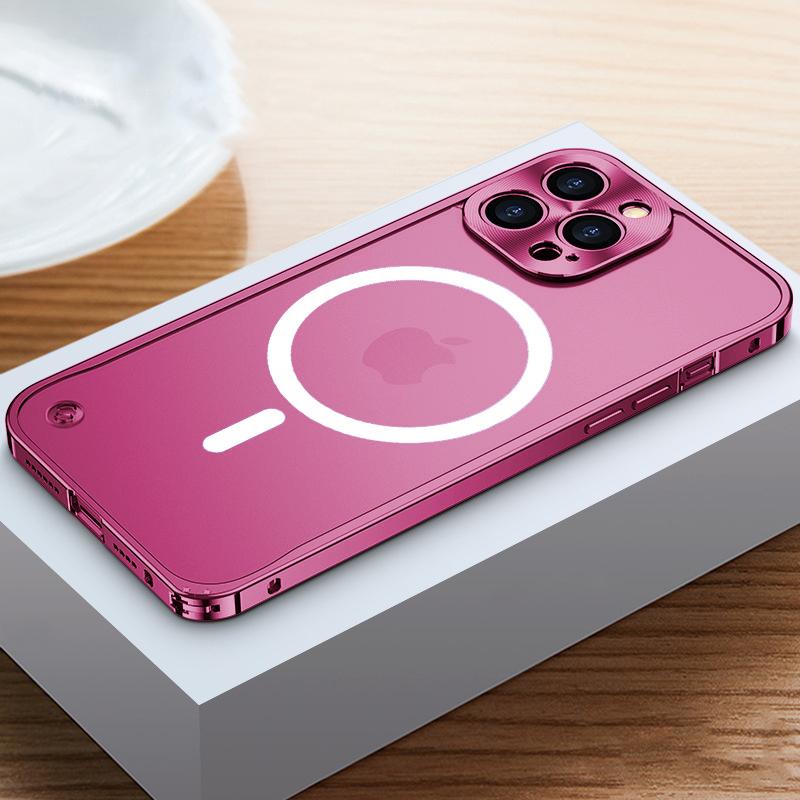 Magnetische Handyhülle mit Metallrahmen für iPhone 17 12 13 14 15 16 Pro Max Aluminiumlegierung Vollständiger Objektivschutz Abdeckung für iPhone 16 Galvanisierte Metall-Rückseite For iPhone 14 Pro Max rot
