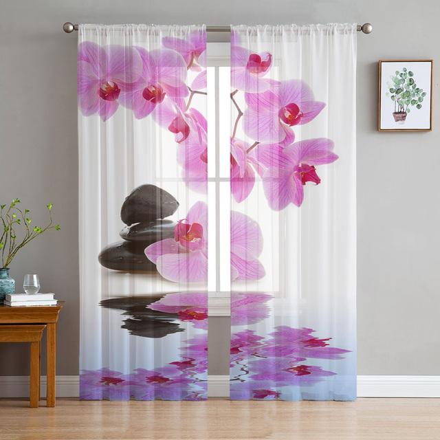 Blumen-Rosa-Orchideen-Reflexions-Gardinen für Mädchen-Kinderschlafzimmer-Küchenfenster-Vorhänge-Vorhang-Hauptdekoration 135W x 137H(cm)x2