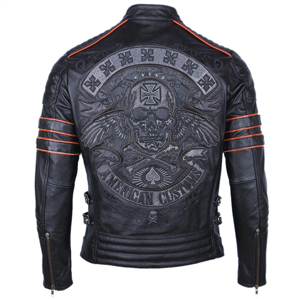 Chinesische Größe Schwarz Stickerei Schädel Motorrad Lederjacken 100% Natürliche Rindsleder Moto Jacke Biker Ledermantel Winter Warme Kleidung M219 M schwarz