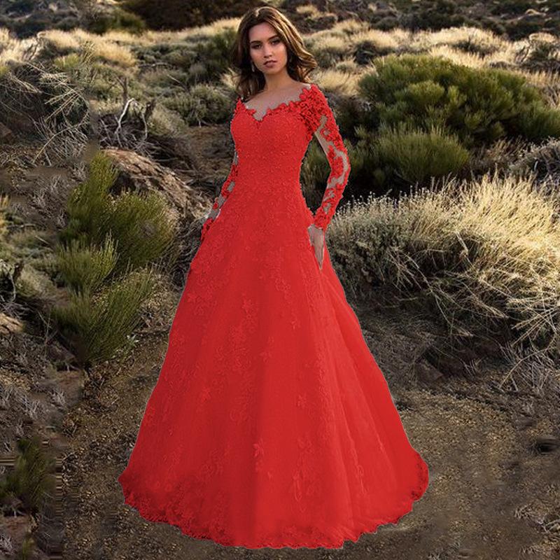 Damen V-Ausschnitt Langarm Maxikleid Gerader Schnitt Hohe Taille Spitze Großer Schwing Schwung Hochzeits Brautkleid L rot