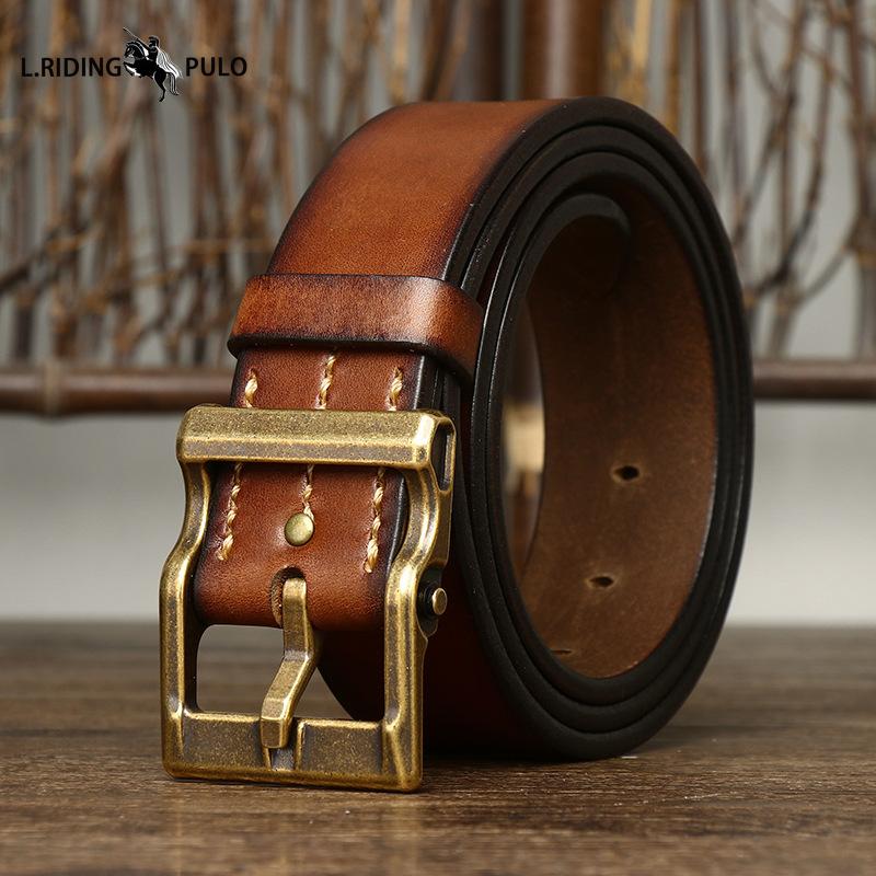 Rein handgefertigter Gürtel aus echtem Leder, verdicktes Rindsleder, Herrenmode, Retro, vielseitig, echtes Leder 105cm braun