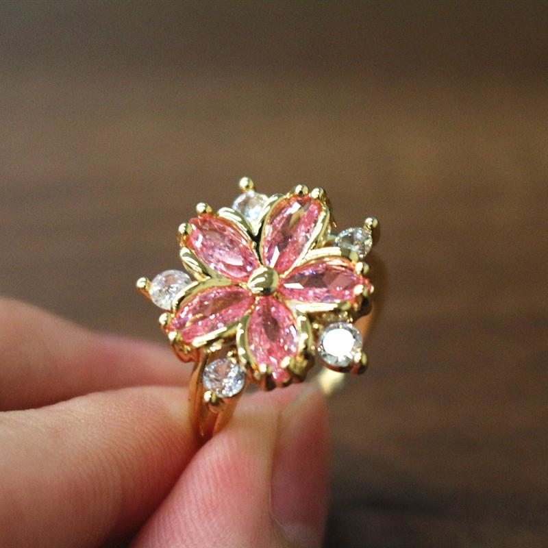 Elegante Mode-Prinzessin-Verlobungsringe für die Braut, Schmuck, romantische Blüte, rosa Stein-Damenringe 8 gold/rosa