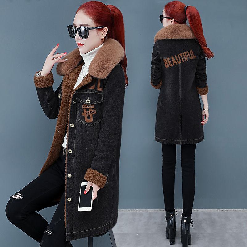 Herbst und Winter Jeansjacke Damen Plus Samt Verdickung Schlank Mittellanger Denim Parka Mantel Beflockter Mantel mit Abnehmbarem Pelzkragen M schwarz