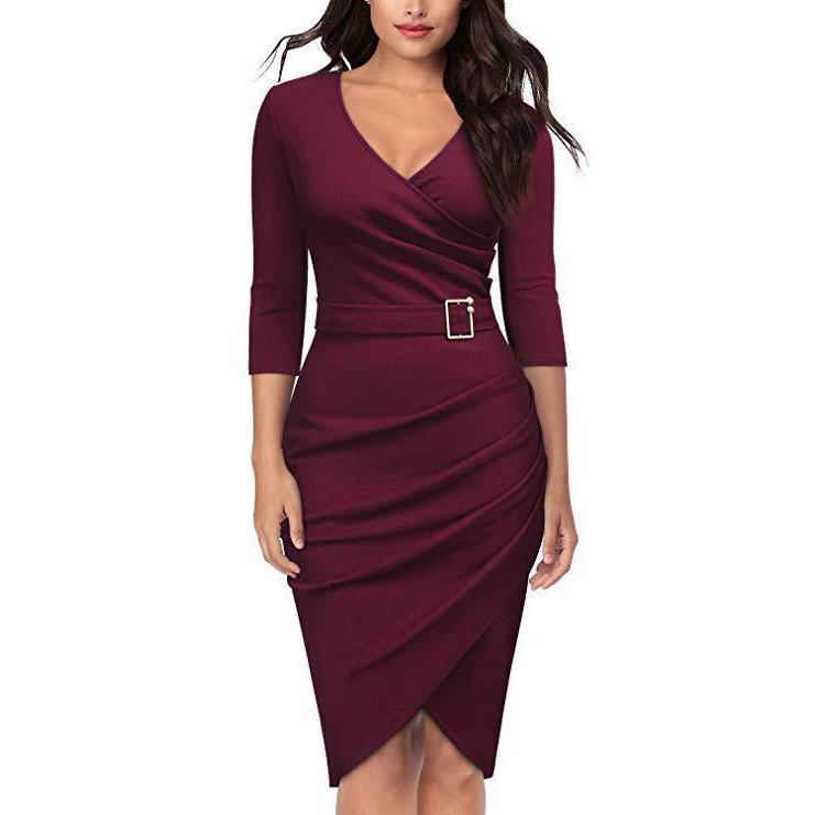 Damen V-Ausschnitt Kleid 3/4 Ärmel Bleistift Midikleid Einfarbig Party Club Kleid Elegantes Büro Business Kleid XL bordeaux