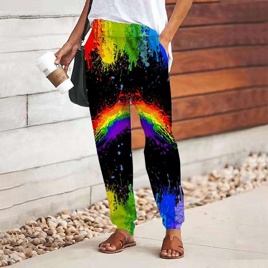 Damen Mehrfarbig bedruckte Hose Schnürung Elastischer Bund Weite Hose Lässige lange Hose Hose mit Taschen 8XL rot